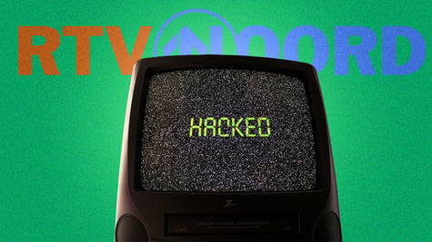 green bacgrnd, old black tv, green hacked sign, red RTV sign, NOORD blue sign