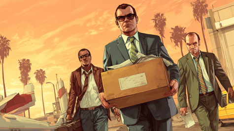 grand theft auto characters in suit carry boxes and are fired, california evening, palm trees