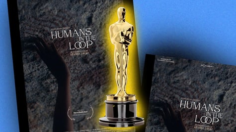 "Humans in the loop" poster and an Oscar statue