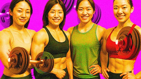 Athletic Japanese girls with dumbbells.