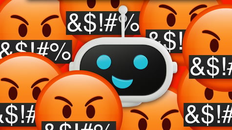 A robot surrounded by angry faces