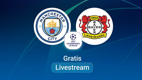 Man City vs. Leverkusen, Team Logos, Champions League Stream, blue backround