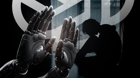 Robot's hands and a teenager in distress with OpenAI logo in the background