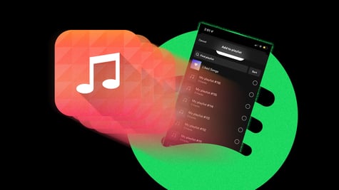 playlist on spotify, dark smartphone screen, white music note in red square