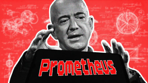 numbers, drawings in white, red background, jeff bezos in black and white, red prometheus sign