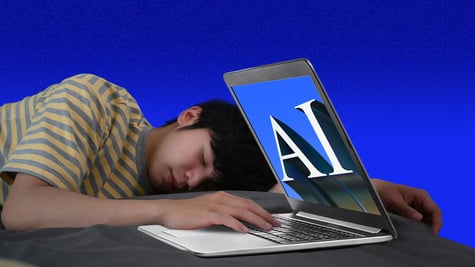 asian man in stripped t-shirt in yellow and pink sleeps on desk with laptop open, AI white sign
