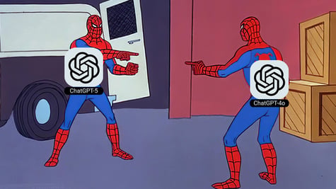 two spidermen, white trusch, gpt5, gpt 4, wooden boxes, white van