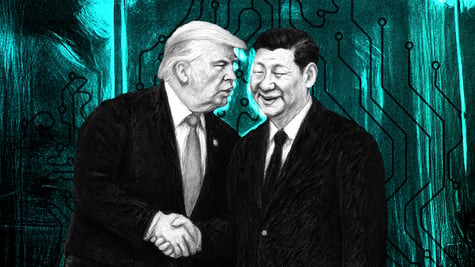black and white donald trump shakes hand with chinese Xi