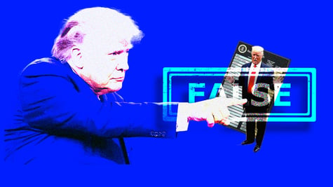 trump in blue suit points finger to trump in black suit and red tie, false sign
