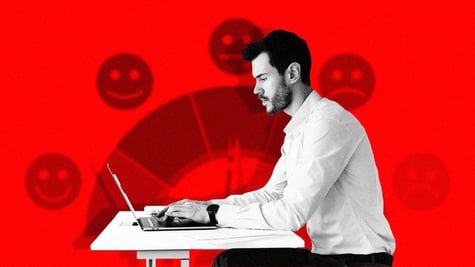 Man in white shirt, happiness scale, office work, white desk