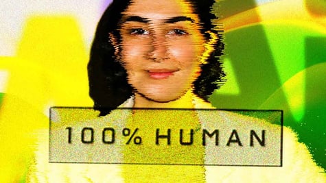 A woman's face and words "hundred percent human"