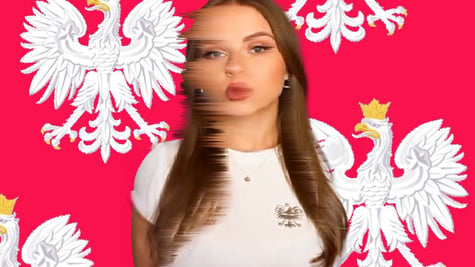 An AI-generated woman and Polish coat of arms on the background