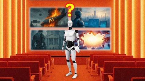 An AI bot with four comic book style scenarios including devastation and success.