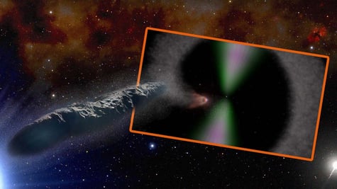 A comet hurtling into a black hole in space.