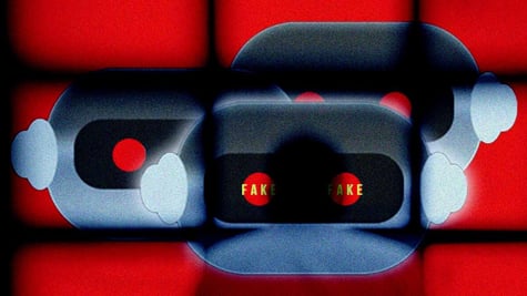 Three robot heads on a red background