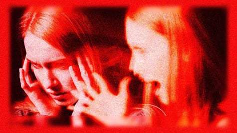 Two images of a distressed woman on a red background