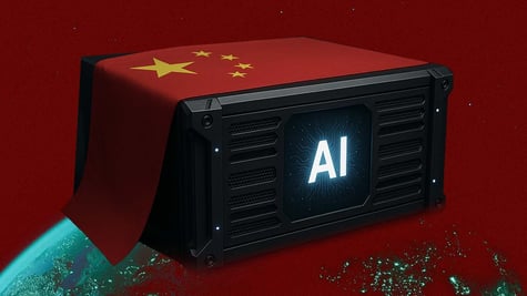 A compute covered with China flag, letters AI on it