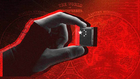 shadowy hand holds black chip, china stars on it, red background,