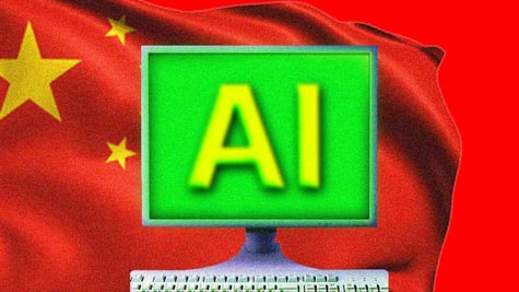 The Chinese flag and "AI" on a green terminal.