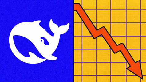 Splitscreen of the Deepseek AI logo and a negative trend on a graph.