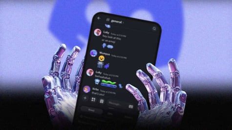 A pair of robot hands holding a blurred out chat on Discord, on a phone.