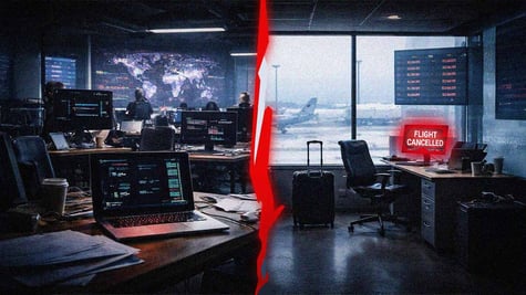 A split-screen of a tech workers office, and a flight cancelled warning.