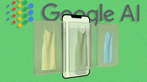salad green background, gold and blue strap dress, phone, Google AI logo