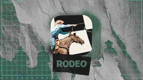 A man on a horse and the word "Rodeo"