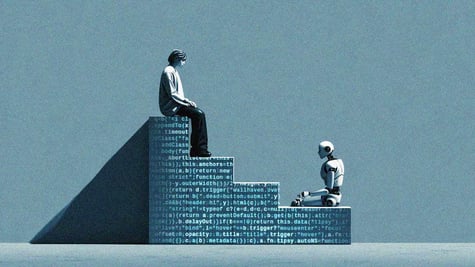 A human sitting on top of pedestal looking down on a robot; human vs artificial intelligence (AI)