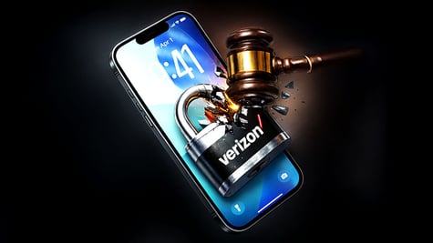 The Verizon logon on a padlock, on an iPhone getting smashed by a judges hammer.