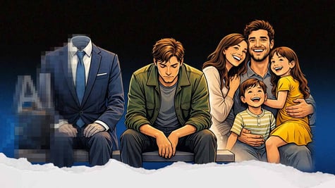 AI headless office worker in suit, lonely man, happy man with happy wife and kids