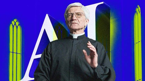 A pastor and letters "AI" behind him