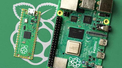 RaspberryPi logo, chips, green background, inside of computer