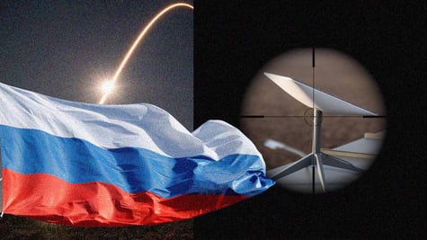 A Russian flag and Starlink terminal