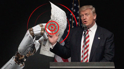 A robot hand holding a piece of paper and Donald Trump