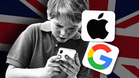 A boy using a smartphone, logos of Apple and Google