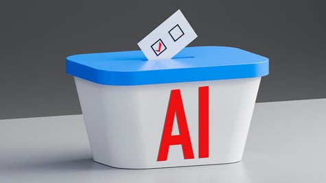 white box with blue top, red AI sign, casting vote, red check mark