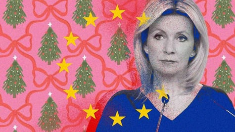 Maria Zakharova and Christmas trees in the background