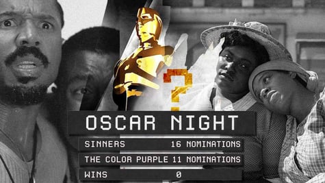 A split-screen and scoreboard of Sinners and The Color Purple in relation to Oscar nominations.