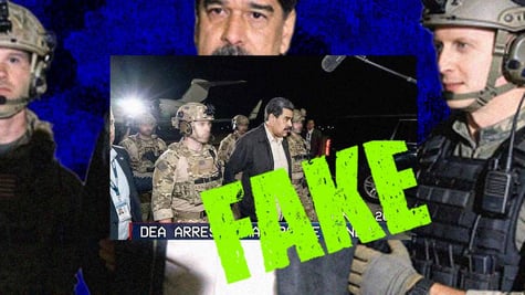 A fake warning sign next to a fake image of general maduro.