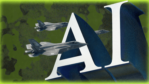 F-35 jets in flight over green camo background, big white AI letters in the foreground 