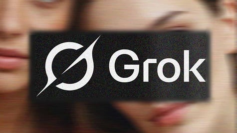 Grok logo and two female faces behind it