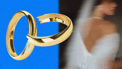 Wedding rings and a bride in a white dress