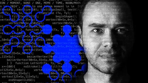 Scientist Andrej Karpathy and lines of code on the background