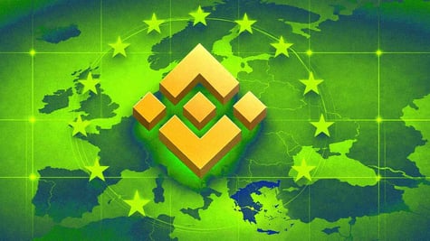 Binance crypto exchange logo superimposed on Europe and EU flag