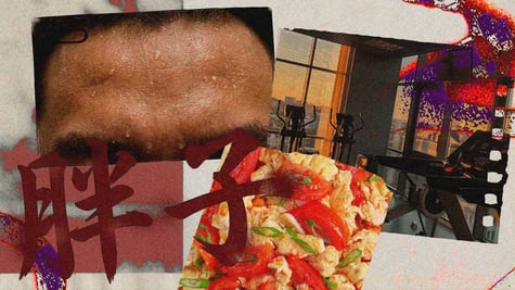 A four-way screen of a sweaty forehead, a treadmill, egg and tomatoes and some Chinese characters.