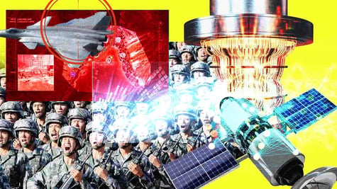 The Chinese military surrounded by a colourful swirl of quantum tech, troops and weapons.