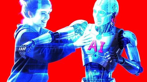 college student grabbing to a robot