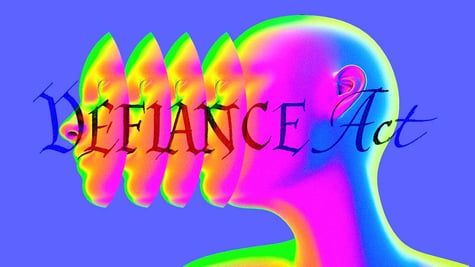 A figure with multiple faces and words Defiance Act