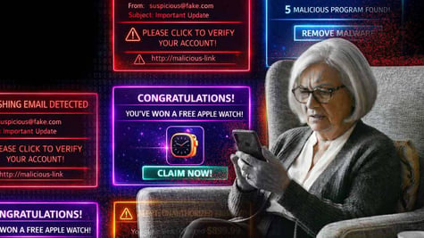 Elderly person sitting in a chair, receiving scam alerts via smartphone